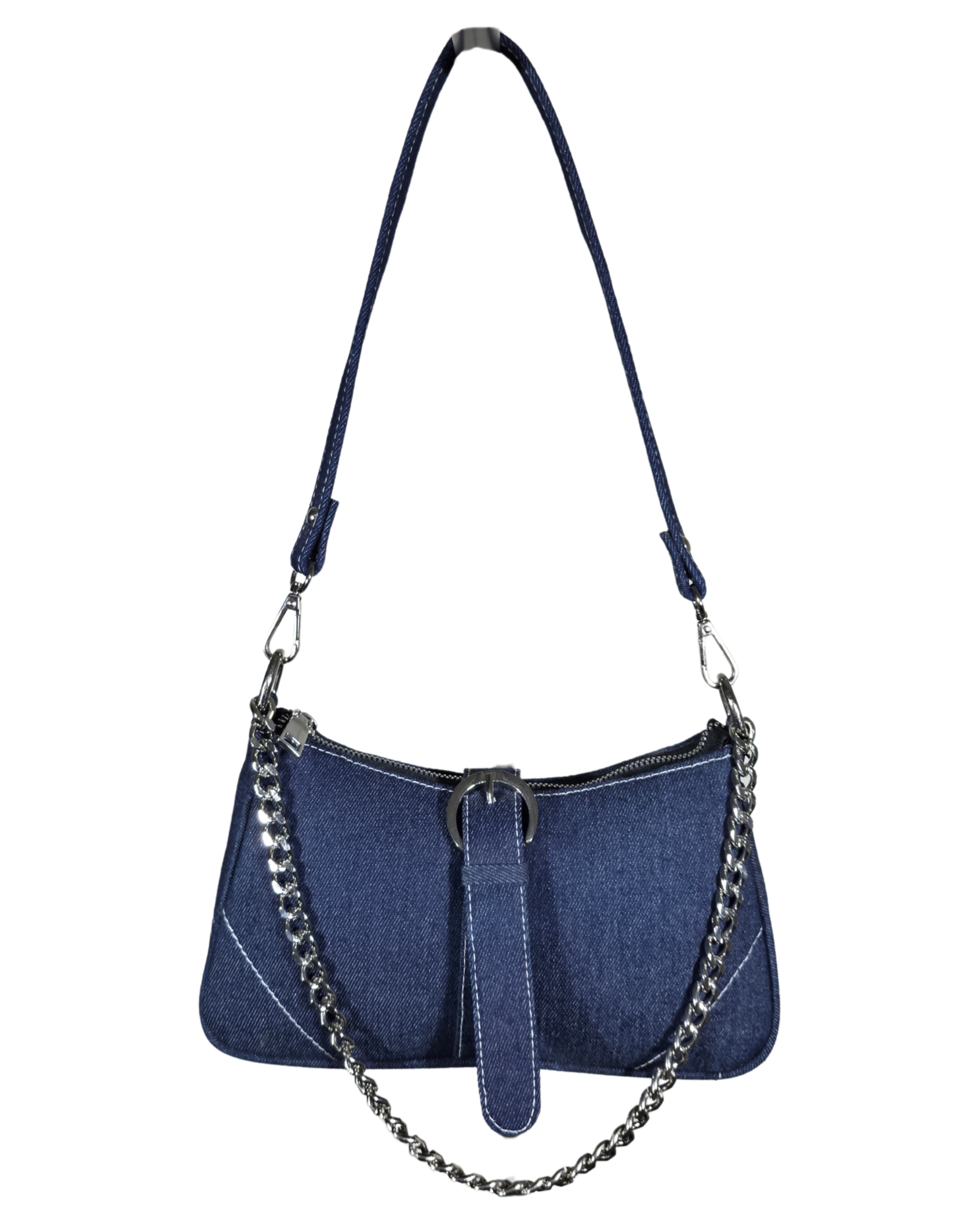 Blue Denim Hand Bag With Silver Chain Handle