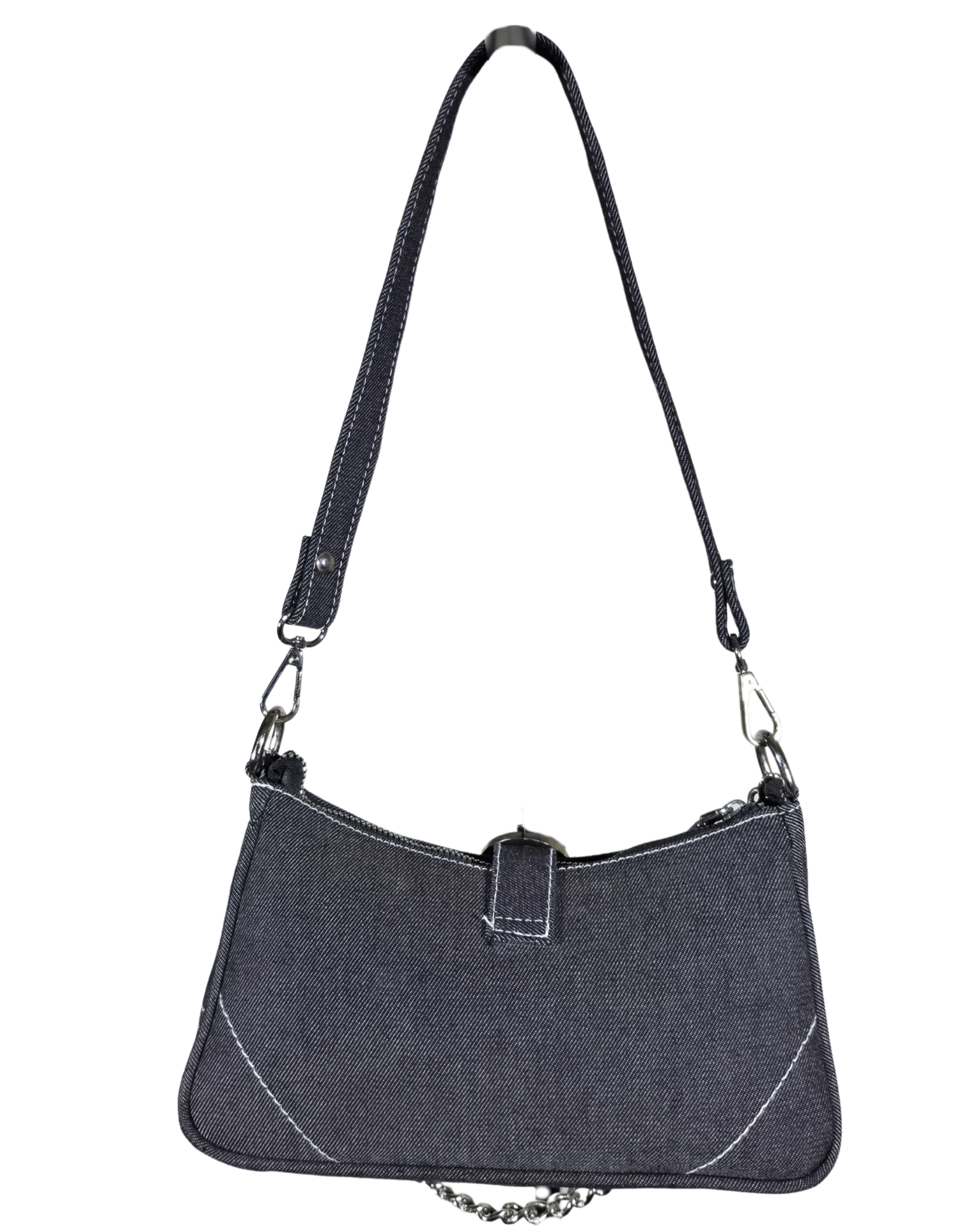 Graphite Denim Hand Bag With Silver Chain Handle