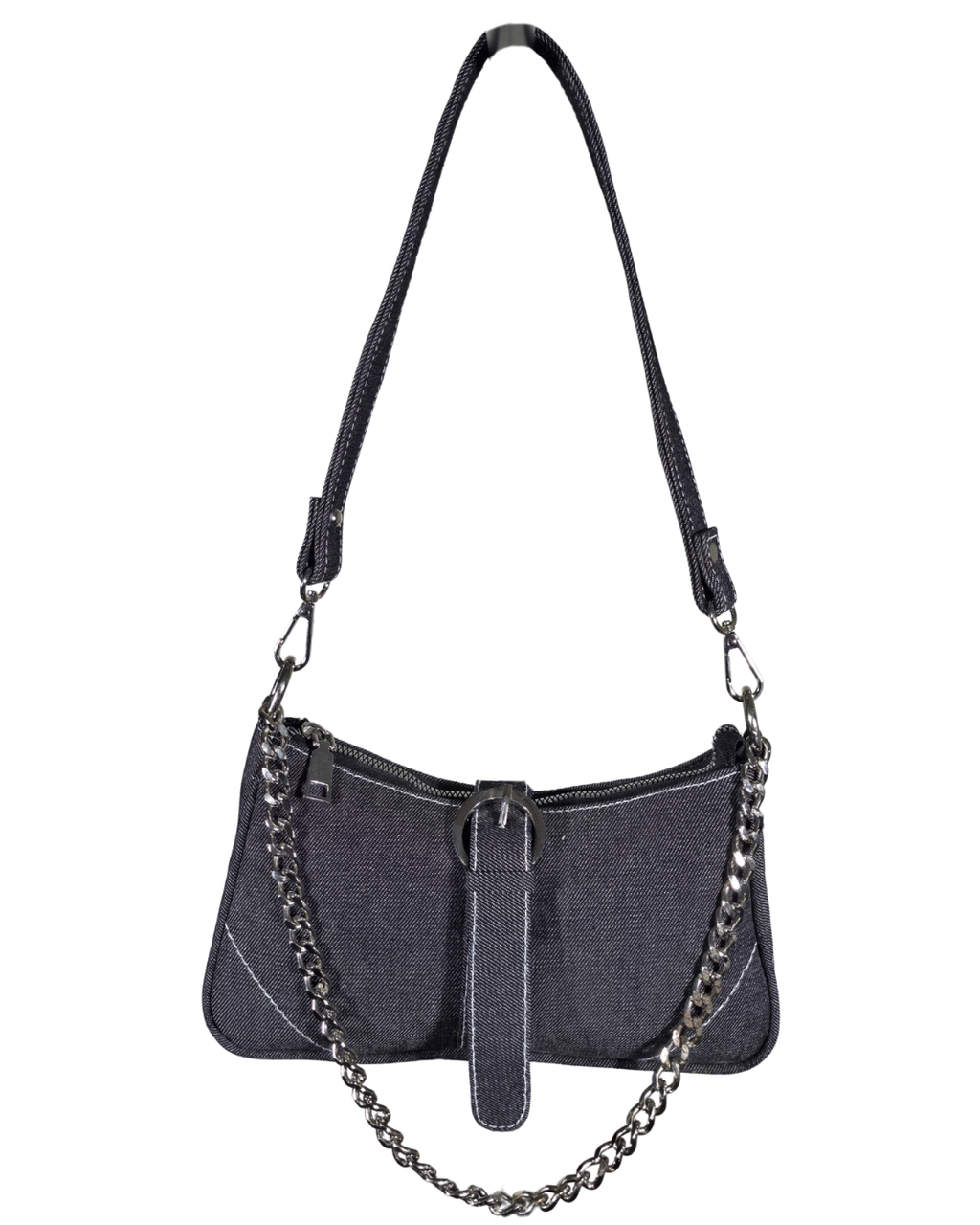 Graphite Denim Hand Bag With Silver Chain Handle